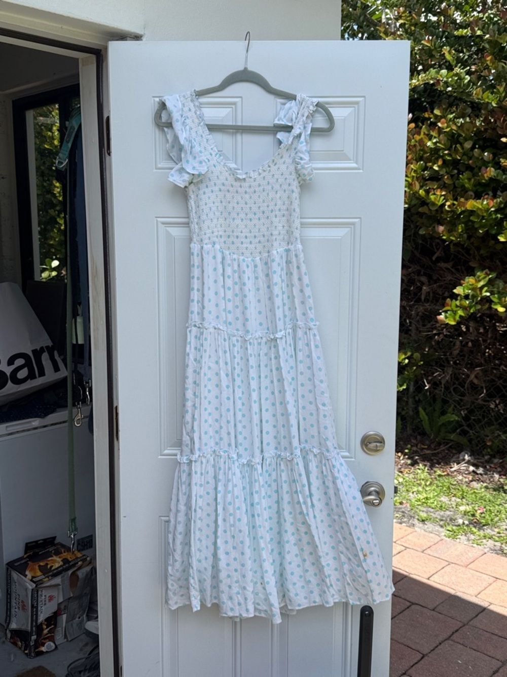 ARAMINTA JAMES White Maxi Dress with Light Blue Print - LIKE NEW - Size Small